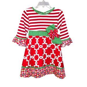 Counting Daisies Girl 3T  Christmas Dress With Polka Dot Bow Ruffle Sleeves 3923